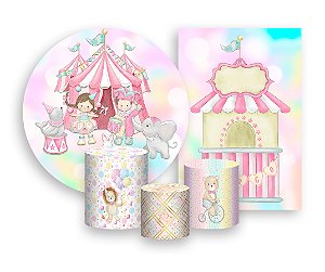 Kit 2 Painéis De Festa + Trio De Capas Cilindro - Palhacinha Circo Rosa 014