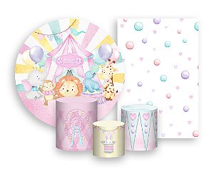 Kit 2 Painéis De Festa + Trio De Capas Cilindro - Circo Cute Rosa 015