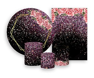 Kit 2 Painéis De Festa + Trio De Capas Cilindro - Geométrico Dourado Flores Pink 001