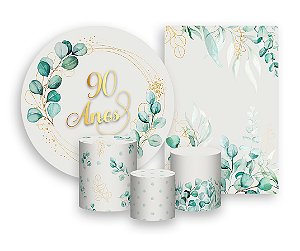 Kit 2 Painéis De Festa + Trio De Capas Cilindro - Meus 90 Anos Geométrico Folhagens 027