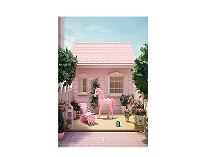 Fundo Fotográfico 1,50 x 2,20 - Casa Boneca Rosa com Jardim 024