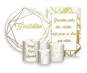 Kit 2 Painéis De Festa + Trio De Capas Cilindro - Gratidão Geométrico Dourado 026