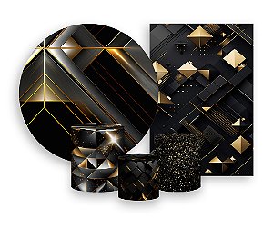 Kit 2 Painéis De Festa + Trio De Capas Cilindro - Preto com Geométrico Dourado 028