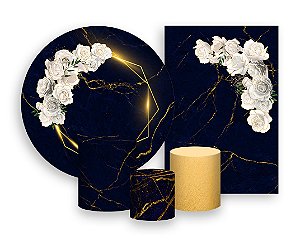 Kit 2 Painéis De Festa + Trio De Capas Cilindro - Geométrico Dourado com Flores Brancas 031