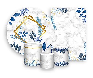 Kit 2 Painéis De Festa + Trio De Capas Cilindro - Geométrico Dourado com Folhagem Azul 032