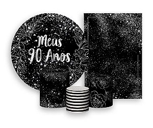 Kit 2 Painéis De Festa + Trio De Capas Cilindro - Meus 90 Anos Efeito Brilhos Prateados 004