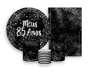 Kit 2 Painéis De Festa + Trio De Capas Cilindro - Meus 85 Anos Efeito Brilhos Prateados 005