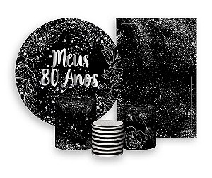 Kit 2 Painéis De Festa + Trio De Capas Cilindro - Meus 80 Anos Efeito Brilhos Prateados 006