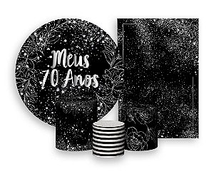 Kit 2 Painéis De Festa + Trio De Capas Cilindro - Meus 70 Anos Efeito Brilhos Prateados 008