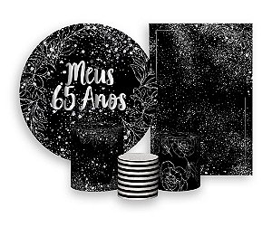 Kit 2 Painéis De Festa + Trio De Capas Cilindro - Meus 65 Anos Efeito Brilhos Prateados 009