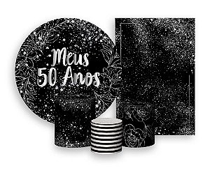 Kit 2 Painéis De Festa + Trio De Capas Cilindro - Meus 50 Anos Efeito Brilhos Prateados 013