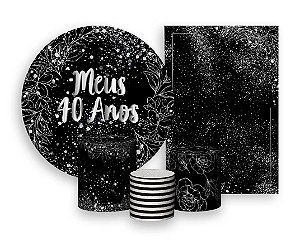 Kit 2 Painéis De Festa + Trio De Capas Cilindro - Meus 40 Anos Efeito Brilhos Prateados 015