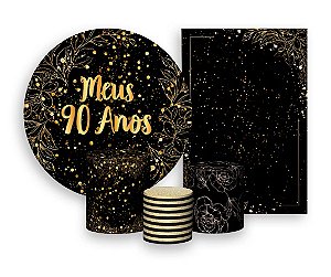 Kit 2 Painéis De Festa + Trio De Capas Cilindro - Meus 90 Anos Efeito Brilhos Dourados 022