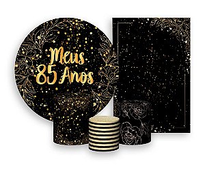 Kit 2 Painéis De Festa + Trio De Capas Cilindro - Meus 85 Anos Efeito Brilhos Dourados 023