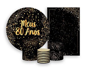 Kit 2 Painéis De Festa + Trio De Capas Cilindro - Meus 80 Anos Efeito Brilhos Dourados 024