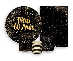 Kit 2 Painéis De Festa + Trio De Capas Cilindro - Meus 60 Anos Efeito Brilhos Dourados 028