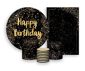 Kit 2 Painéis De Festa + Trio De Capas Cilindro - Happy Birthday Efeito Brilhos Dourados 040