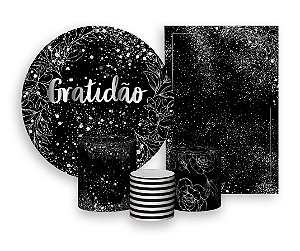 Kit 2 Painéis De Festa + Trio De Capas Cilindro - Gratidão Efeito Brilhos Prateados 041