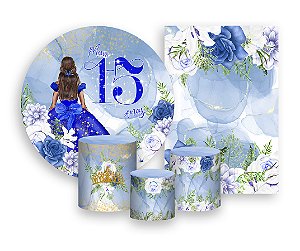 Kit 2 Painéis De Festa + Trio De Capas Cilindro - Meus 15 Anos Princesa Azul 049