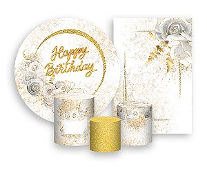 Kit 2 Painéis De Festa + Trio De Capas Cilindro - Happy Birthday Flores Brancas 055