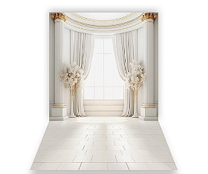 Fundo Fotográfico 1,50 x  2,70 - Gestante Janela Branco com Dourado 019