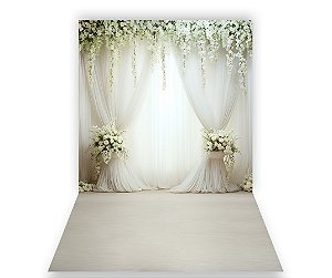 Fundo Fotográfico 1,50 x  2,70 - Gestante Efeito Cortinas Voil Branca com Flores 020