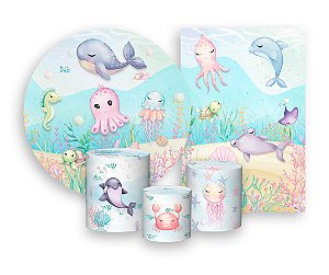 Kit 2 Painéis De Festa + Trio De Capas Cilindro - Fundo do Mar Aquarela 002