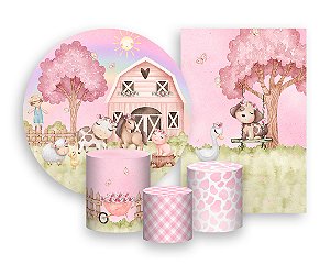 Kit 2 Painéis De Festa + Trio De Capas Cilindro - Fazendinha Rosa Cute 006