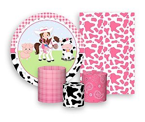 Kit 2 Painéis De Festa + Trio De Capas Cilindro - Fazendinha Vaqueira Rosa 009