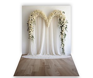 Fundo Fotográfico 1,50 x  2,70 - Cortina Coração com Flores Brancas 153