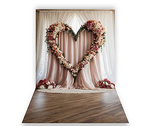 Fundo Fotográfico 1,50 x  2,70 - Coração Rústico com Flores Bege e Rosa 155