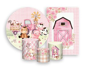 Kit 2 Painéis De Festa + Trio De Capas Cilindro - Fazendinha Rosa com Flores 017