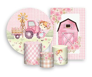 Kit 2 Painéis De Festa + Trio De Capas Cilindro - Menina Fazendinha Rosa Cute 018