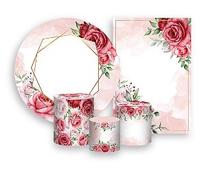 Kit 2 Painéis De Festa + Trio De Capas Cilindro - Geométrico Floral Rosa 006