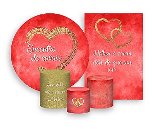 Kit 2 Painéis De Festa + Trio De Capas Cilindro - Encontro de Casais Coração Dourado 008