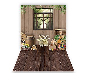 Fundo Fotográfico 1,50 x  2,70 - Páscoa Casinha com Coelhos de Pelúcia 012