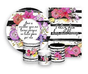 Kit 2 Painéis De Festa + Trio De Capas Cilindro - Dia das Mulheres Listras e Flores 009