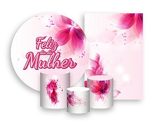 Kit 2 Painéis De Festa + Trio De Capas Cilindro - Feliz Dia das Mulheres Flores Rosas 010