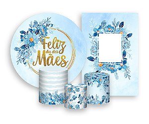 Kit 2 Painéis De Festa + Trio De Capas Cilindro - Dia das Mães Floral Azul 017