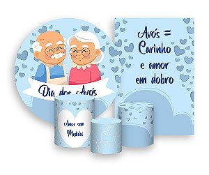 Kit 2 Painéis De Festa + Trio De Capas Cilindro - Dia dos Avós Corações Azuis 021