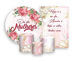 Kit 2 Painéis De Festa + Trio De Capas Cilindro - Dia das Mulheres Efeito Mármore Rosa 002