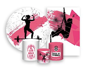 Kit 2 Painéis De Festa + Trio De Capas Cilindro - Silhueta Academia Rosa 007