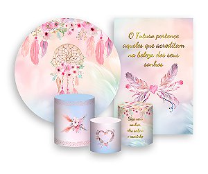 Kit 2 Painéis De Festa + Trio De Capas Cilindro - Filtro dos Sonhos Rosa Aquarela 008