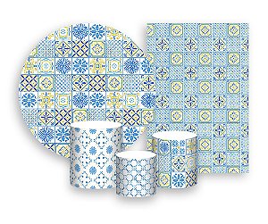 Kit 2 Painéis De Festa + Trio De Capas Cilindro - Azulejo Mediterrâneo Azul 015