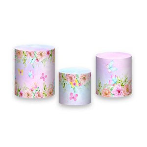 Trio De Capas De Cilindro - Borboletas Floral Aquarela 012