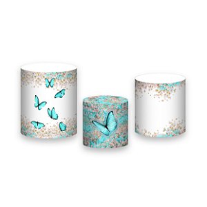 Trio De Capas De Cilindro - Borboletas Azul Esverdeado Floral 021