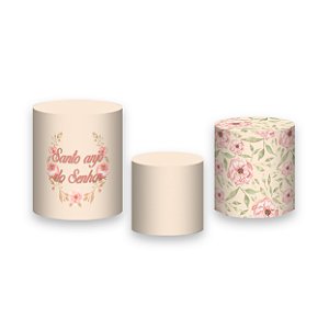 Trio De Capas De Cilindro - Batizado Bege Floral 005