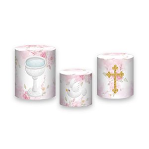 Trio De Capas De Cilindro - Batizado Rosa Floral 018