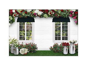 Fundo Fotográfico 2,20 x 1,50 - Janelas Brancas com Flores e Vasos 018