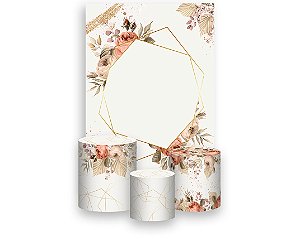 Painel De Festa Vertical 1,50 x 2,20 + Trio De Capas Cilindro - Bege Floral  Elegante 075